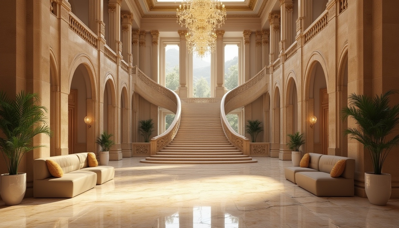 Prompt: Limestone material, luxurious hotel lobby, grand staircase, elegant chandelier, natural stone walls, beige color tone, intricate carvings, ornate details, spacious high ceiling, lavish decorations, sophisticated ambiance, afternoon soft lighting, warm beige marble floor, comfortable seating area, potted plants, subtle fragrance, refined atmosphere, European classical style, monumental columns, impressive arches.