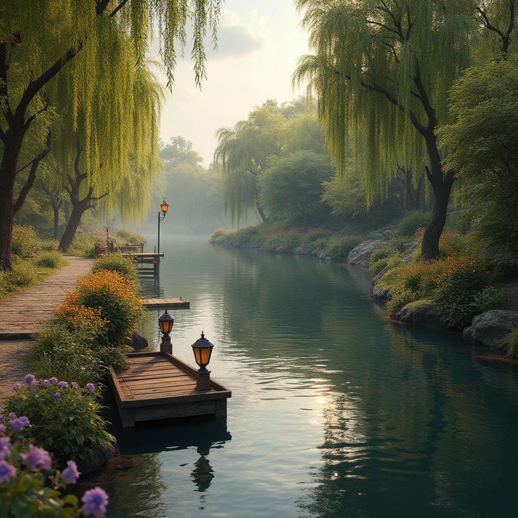 Prompt: Riverbank scenery, copper material, rusty texture, oxidized color, natural blend, water reflection, ripples on river surface, lush greenery, varied trees, weeping willows, blooming wildflowers, wooden dock, old lanterns, stone pathways, serene atmosphere, warm ambient lighting, soft focus, shallow depth of field.