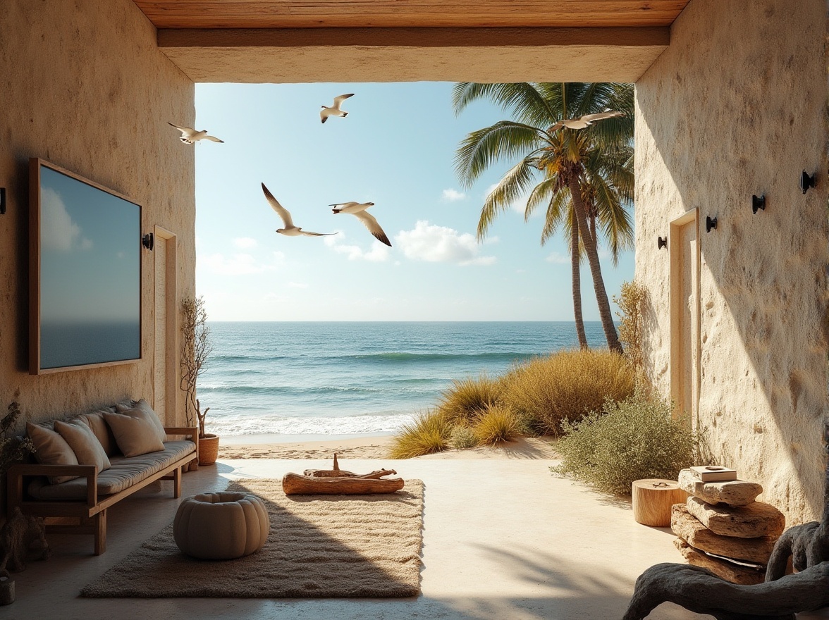 Prompt: Coastal architecture, modern beach house, sandstone walls, rustic exterior, natural texture, weathered look, ocean view, palm trees, sandy dunes, seagulls flying overhead, warm sunlight, soft shadows, 3/4 composition, natural colors, earthy tones, driftwood furniture, nautical decorations, ambient lighting, serene atmosphere.