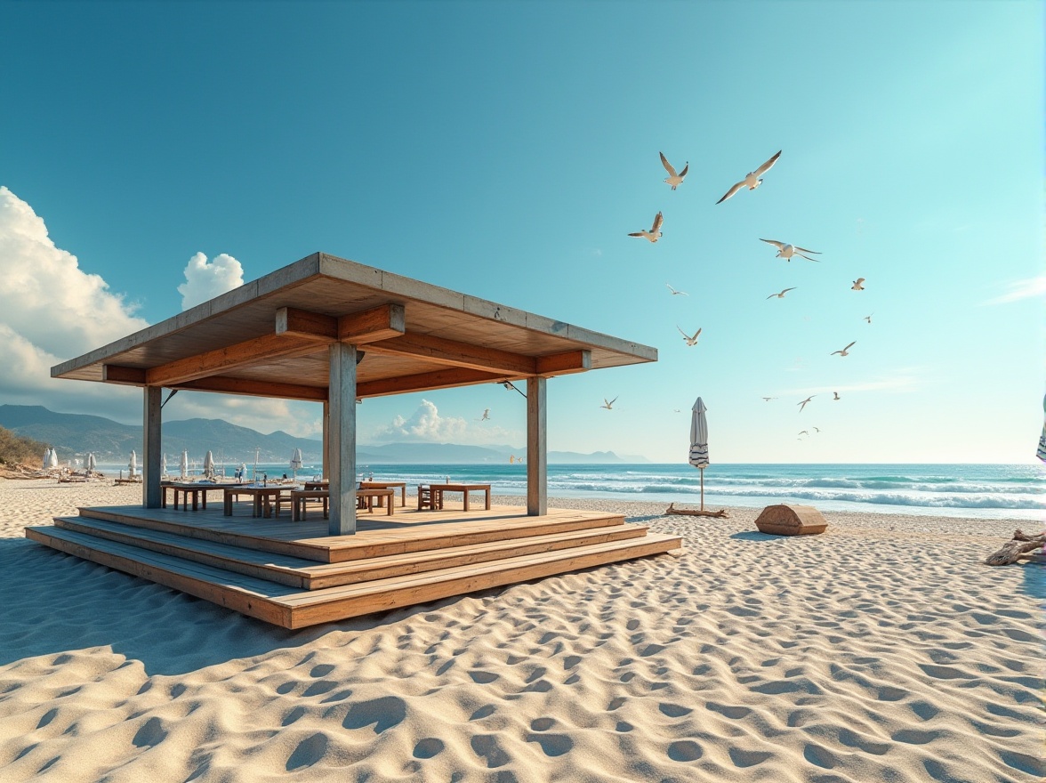 Prompt: Beachside pavilion, galvanized steel structure, modern architecture, sleek lines, minimalist design, weathered wooden planks, coastal vibe, seagulls flying overhead, sunny day, clear blue sky, few puffy white clouds, gentle ocean breeze, waves crashing in the distance, sandy beach, pebbles scattered, driftwood, beach towels and umbrellas, warm golden lighting, shallow depth of field, realistic texture, cinematic composition, wide-angle shot.