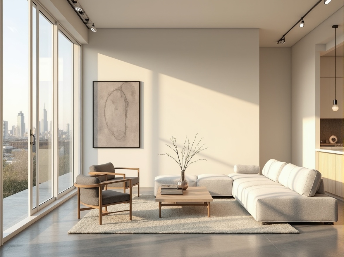 Prompt: Minimalist interior design, modern living room, calm atmosphere, sparse furniture, low-profile sofa, sleek coffee table, abstract artwork, neutral color palette, cream walls, polished concrete floor, subtle texture, industrial chic lighting fixtures, floor-to-ceiling windows, natural light pouring in, cityscape view, morning sun, soft shadows, 3/4 composition, cinematic lighting, ambient occlusion.