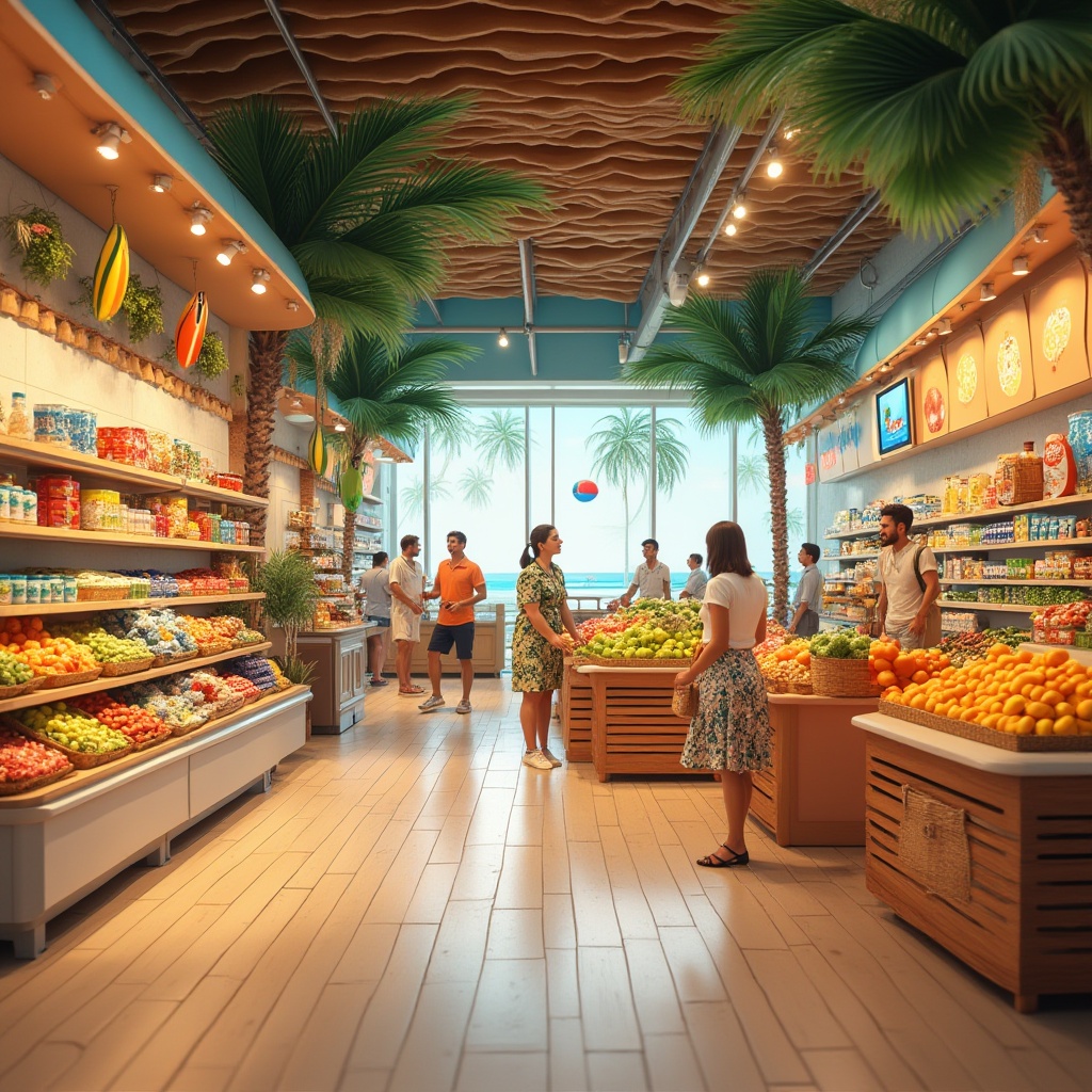 Prompt: Beach-themed grocery store interior, sunset color palette, surfboard-shaped shelves, wavy wooden floorboards, beach balls as decorations, palm tree installations, seashell-patterned tile walls, refreshing ocean breeze scent, employees wearing Hawaiian shirts and sunglasses, customers carrying woven beach baskets, tropical fruit stands, colorful surf-inspired product packaging, vibrant beach-themed advertisements on LED screens, overhead lighting resembling sunlight peeking through palm trees, laid-back beachy background music.