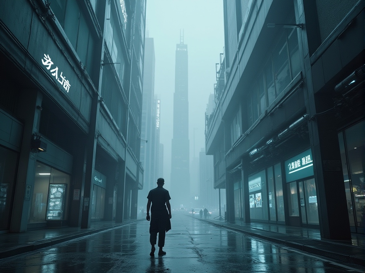 Prompt: High-tech futuristic scene, gray color palette, metallic materials, sleek lines, minimalist architecture, neon lights, cityscape at night, skyscraper, modern urban landscape, foggy atmosphere, misty ambient light, 3/4 composition, cinematic mood, shallow depth of field, Cyberpunk-inspired, industrial textures, robotic arms, LED screens, holographic projections, dark alleys, rainy streets, reflection on wet pavement, dramatic lighting.