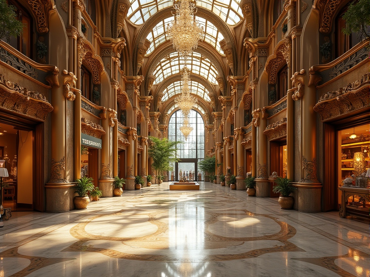 Prompt: Art Nouveau shopping center, luxurious interior design, bronze color accents, ornate metalwork, intricate patterns, flowing organic lines, grand high ceiling, crystal chandelier, marble floor, elegant curves, lavish decorations, upscale atmosphere, daytime, soft natural light, warm tone, sophisticated composition, 3/4 view, shallow depth of field.