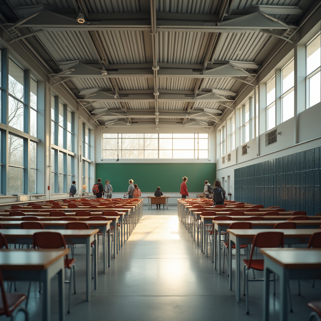 Prompt: Modern school building, galvanized steel structure, minimalist architecture, clean lines, silver metal beams, corrugated roof, large windows, natural light pouring in, empty classrooms, rows of desks, chairs stacked on top, green chalkboard, lockers in the hallway, shiny floors, students walking in the corridor, backpacks, casual wear, morning sunlight, 3/4 composition, soft focus, warm tone.