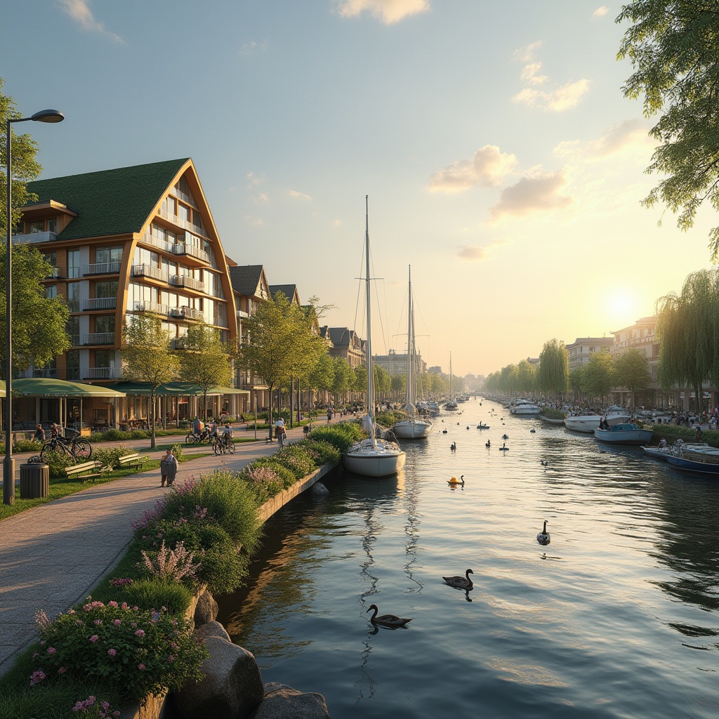 Prompt: Riverbank, urban planning, modern architecture, curved lines, green roofs, eco-friendly buildings, waterfront promenade, pedestrian path, street lamps, benches, trash cans, bicycles, sailboats, kayaks, ducks, swans, weeping willows, blooming flowers, vibrant colors, serene atmosphere, warm sunset lighting, 3/4 composition, panoramic view, depth of field, cinematic ambiance.