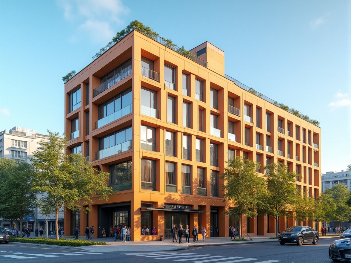 Prompt: Urban building, modern architecture, apricot color facade, warm tone, rectangular shape, large windows, metallic frames, green roof, cityscape, busy street, people walking, trees lined up, sunny day, clear blue sky, shallow depth of field, vibrant color contrast, 3/4 composition, symmetrical balance, soft natural light, morning ambiance.