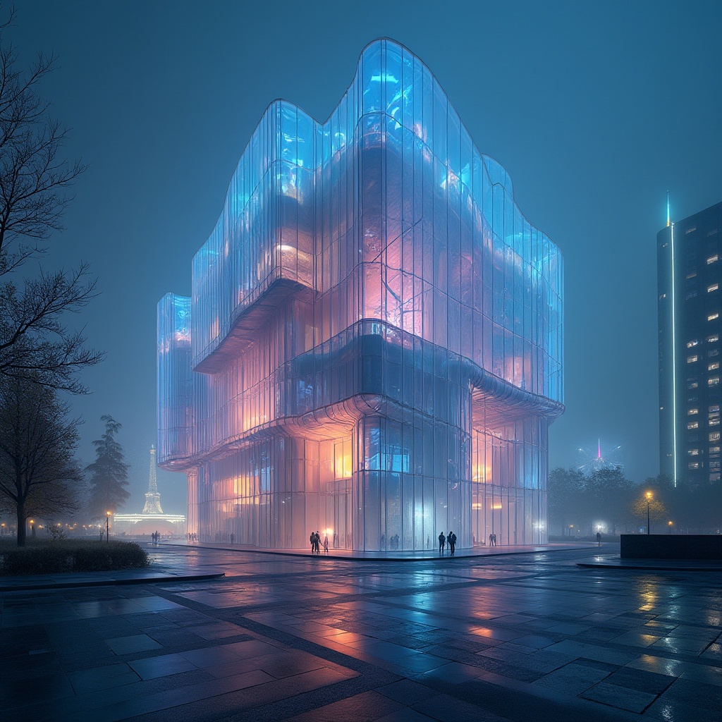 Prompt: Experimental architecture, futuristic building, polycarbonate facade, transparent walls, iridescent reflections, geometric shapes, angular lines, neon lights, urban landscape, cityscape, night scene, low-angle shot, cinematic composition, 3/4 perspective, misty atmosphere, avant-garde style, cutting-edge design.