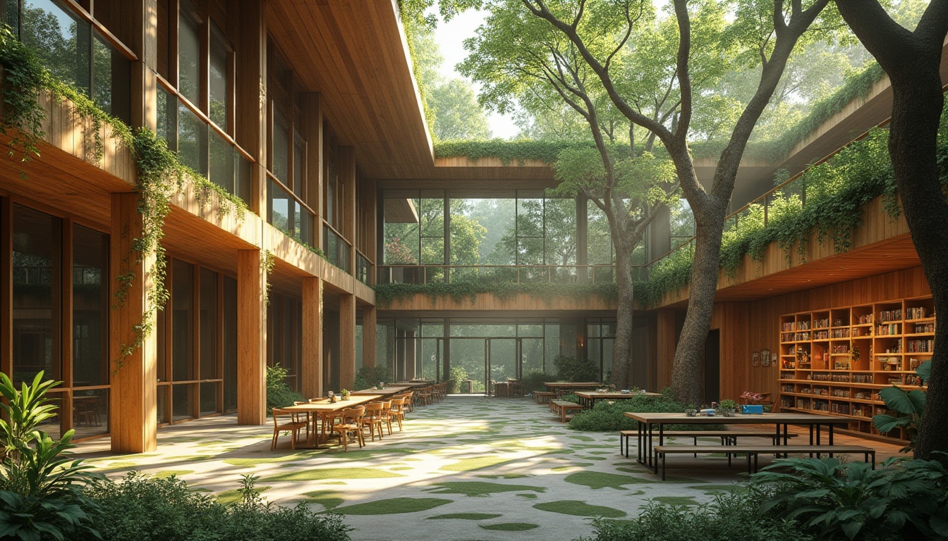 Prompt: Modern youth center, wooden structure, glass facade, natural lighting, vines crawling up walls, trees surrounding building, forest-inspired interior design, wooden pillars, leaf-patterned carpet, green walls, living roof with wildflowers, natural materials, organic shapes, earthy tones, nature-inspired furniture, outdoor courtyard, forest views, floor-to-ceiling windows, cozy reading nook, warm ambient lighting, morning sunlight, misty atmosphere.