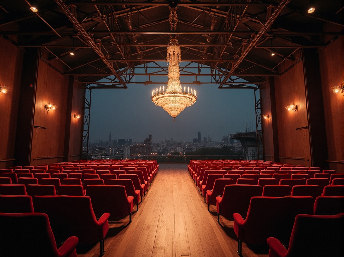 Prompt: Auditorium interior, steel structure, modern architecture, grand chandelier, luxurious velvet seats, wooden flooring, minimalist decorations, spotlights shining down, dramatic shadows, steel beams, metallic texture, industrial feel, urban atmosphere, cityscape outside, evening scene, warm ambient lighting, 3/4 composition, symmetrical framing, depth of field.