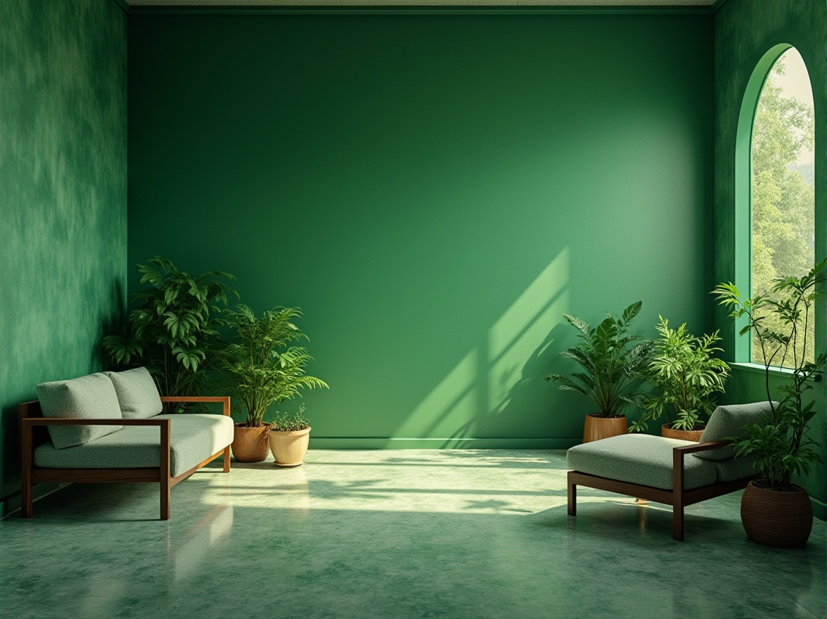 Prompt: Green color, calming atmosphere, natural scenery, modern minimalist interior design, emerald green walls, lush plants, wooden furniture, comfortable couch, geometric patterns, abstract shapes, soft lighting, 3/4 composition, panoramic view, ambient light, cinematic composition, HDR, realistic rendering.