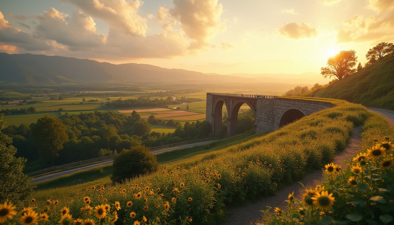 Prompt: Rural landscape, integrating farmland, modern bridge design, gentle slope, steel beams, wooden railings, lush greenery, wildflowers blooming, sunflowers towering, rustic stone walls, winding country road, scenic overlook, panoramic view, warm sunset light, soft focus, cinematic composition, 3/4 shot, depth of field, vibrant colors.