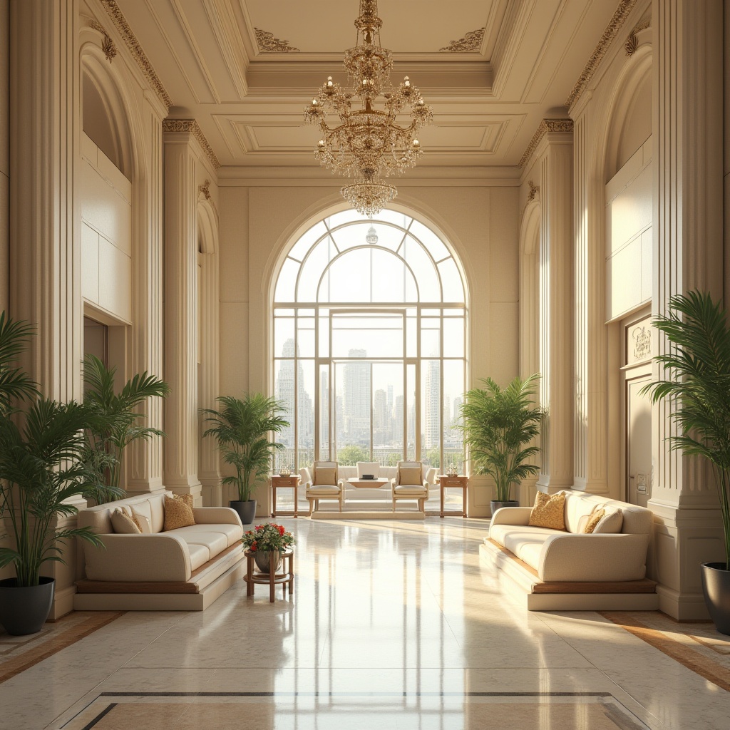 Prompt: Luxurious hospital interior, Art Deco style, incorporating limestone, grand entrance hall, high ceiling, elegant chandeliers, polished limestone floors, cream-colored walls with ornate molding, curved staircases, luxurious waiting area, comfortable sofas, wooden coffee tables, potted plants, large windows, city view, soft natural light, morning sunbeams, subtle shadows, warm and inviting atmosphere, geometric patterns on the floor, metallic accents, minimalist decorations.