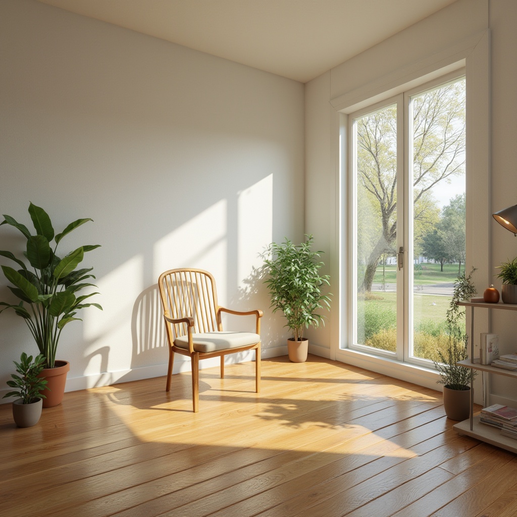 Prompt: Suburban home, minimalist interior, natural light, large windows, white walls, wooden floors, simple lines, low-profile furniture, empty space, few decorations, potted plants, single chair, reading lamp, calm atmosphere, afternoon sun, soft shadows, 3/4 composition, shallow depth of field, warm and cozy ambient lighting, quiet neighborhood, trees outside, residential area.