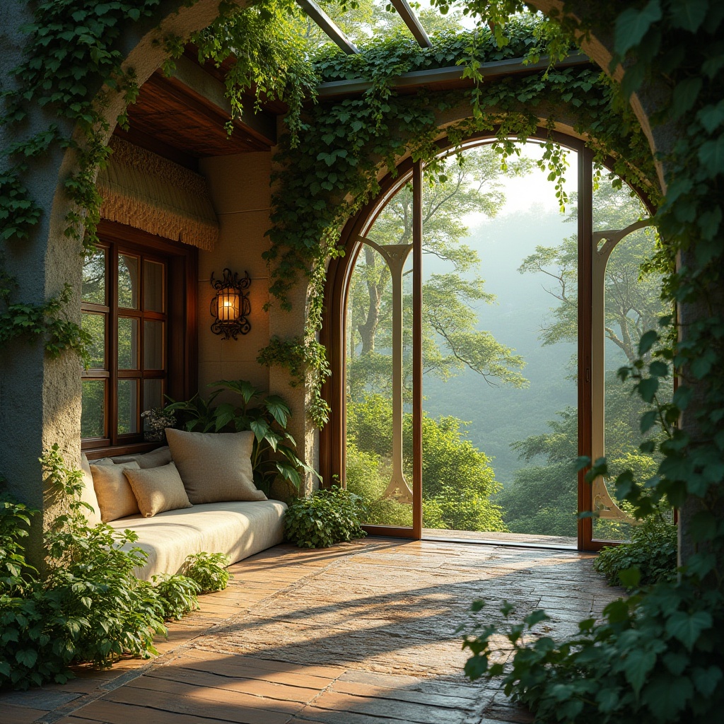 Prompt: Wisteria-inspired green architecture, serene villa, lush forest surroundings, natural materials, wood accents, living walls, ivy-covered facade, soft green roofs, delicate vines, intricate stone carvings, ornate metalwork, warm sunlight filtering through foliage, dappled shadows on the walls, cozy reading nook with plush cushions, floor-to-ceiling windows, panoramic view of the forest, 3/4 composition, soft focus, warm ambient light, cinematic atmosphere.