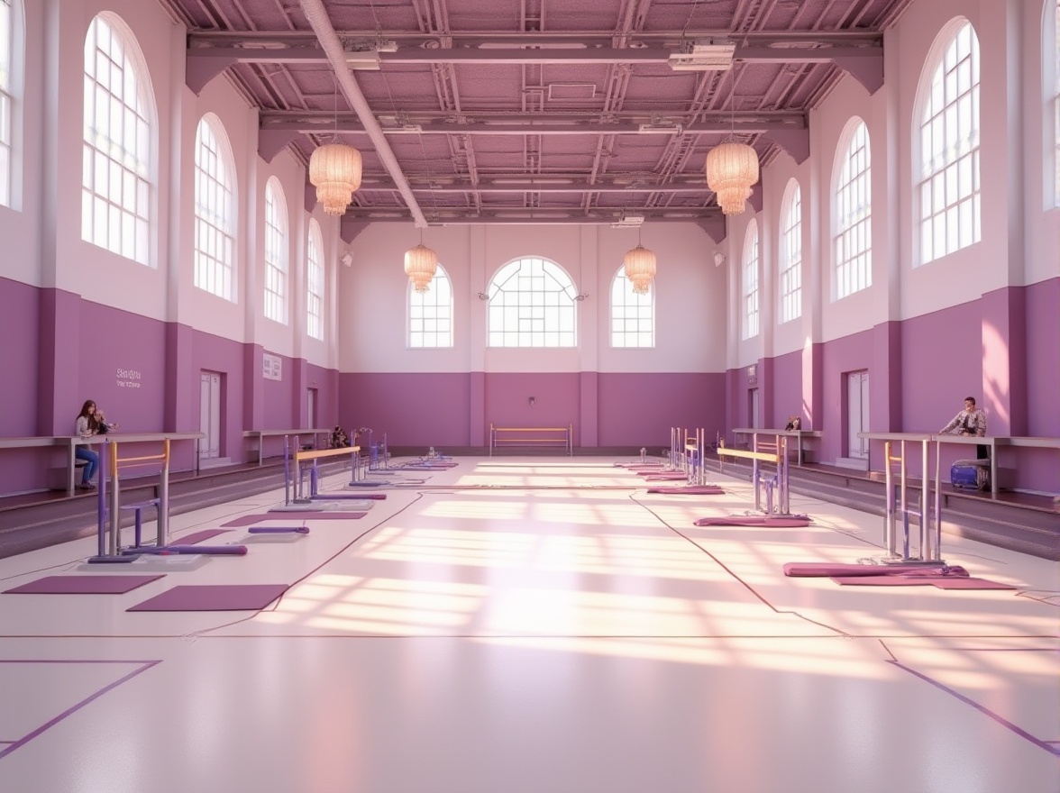 Prompt: Modern gymnasium interior, Orchid color scheme, pale purple walls, cream-colored floors, elegant chandeliers, athletic equipment, parallel bars, exercise mats, motivational quotes on walls, few spectators sitting on bleachers, natural light pouring in through large windows, panoramic view of the entire gym, 3/4 composition, softbox lighting, warm and inviting atmosphere, dynamic shadows, detailed textures, realistic reflections.