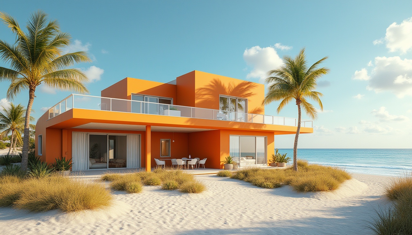 Prompt: Coastal home, tangerine color, vibrant exterior walls, white windows, brown roof, palm trees, beachside, sunny day, clear blue sky, puffy white clouds, gentle sea breeze, sandy dunes, ocean views, modern architecture, clean lines, minimal decoration, natural texture, warm and inviting ambiance, bright and airy interior, large glass doors, panoramic view, 3/4 composition, soft focus, cinematic lighting.