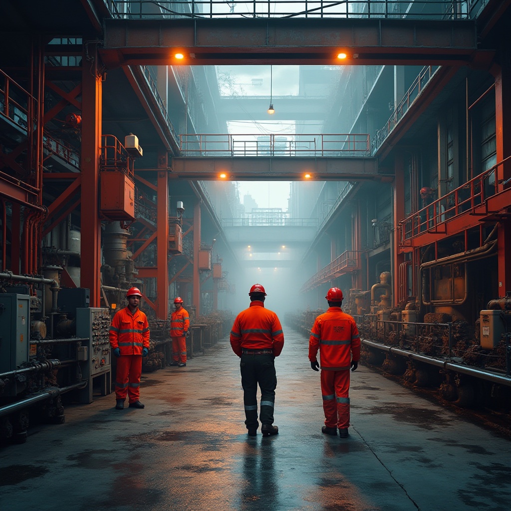 Prompt: Industrial factory setting, red accents, steel beams, concrete floors, machinery, pipes, valves, control panels, warning signs, bright red safety helmets, reflective vests, bold red stripes on worker uniforms, rusty metal stairs, overhead cranes, spotlights, dramatic high-contrast lighting, foggy atmosphere, misty windows, urban landscape outside.