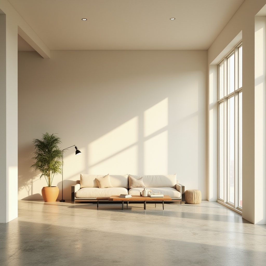 Prompt: Minimalist living room, empty space, natural light pouring in through floor-to-ceiling windows, cream-colored walls, polished concrete floor, few pieces of furniture, low-profile sofa, wooden coffee table, single potted plant, industrial-style lamp, warm beige tone, subtle texture, simple composition, negative space emphasis, softbox lighting, shallow depth of field.