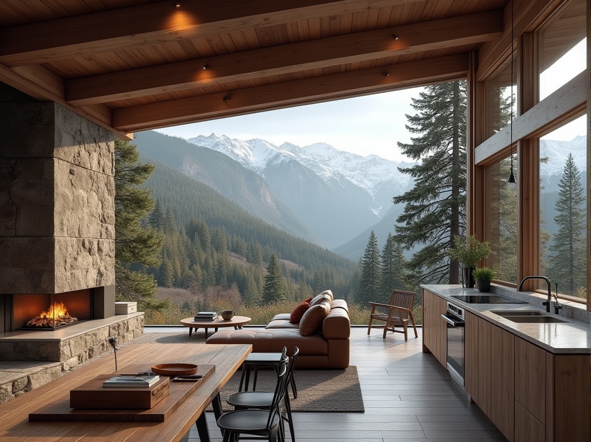 Prompt: Mountainous region, functional space, modern wooden cabin, large windows, breathtaking panoramic view, snow-capped mountains, evergreen trees, stone fireplace, cozy interior, warm lighting, minimal decor, leather sofa, wooden table, steel chairs, functional kitchen, marble countertops, induction cooktop, mountain-inspired color palette, earthy tones, natural materials, rustic charm, 3/4 composition, low-angle shot, soft focus, atmospheric mist.