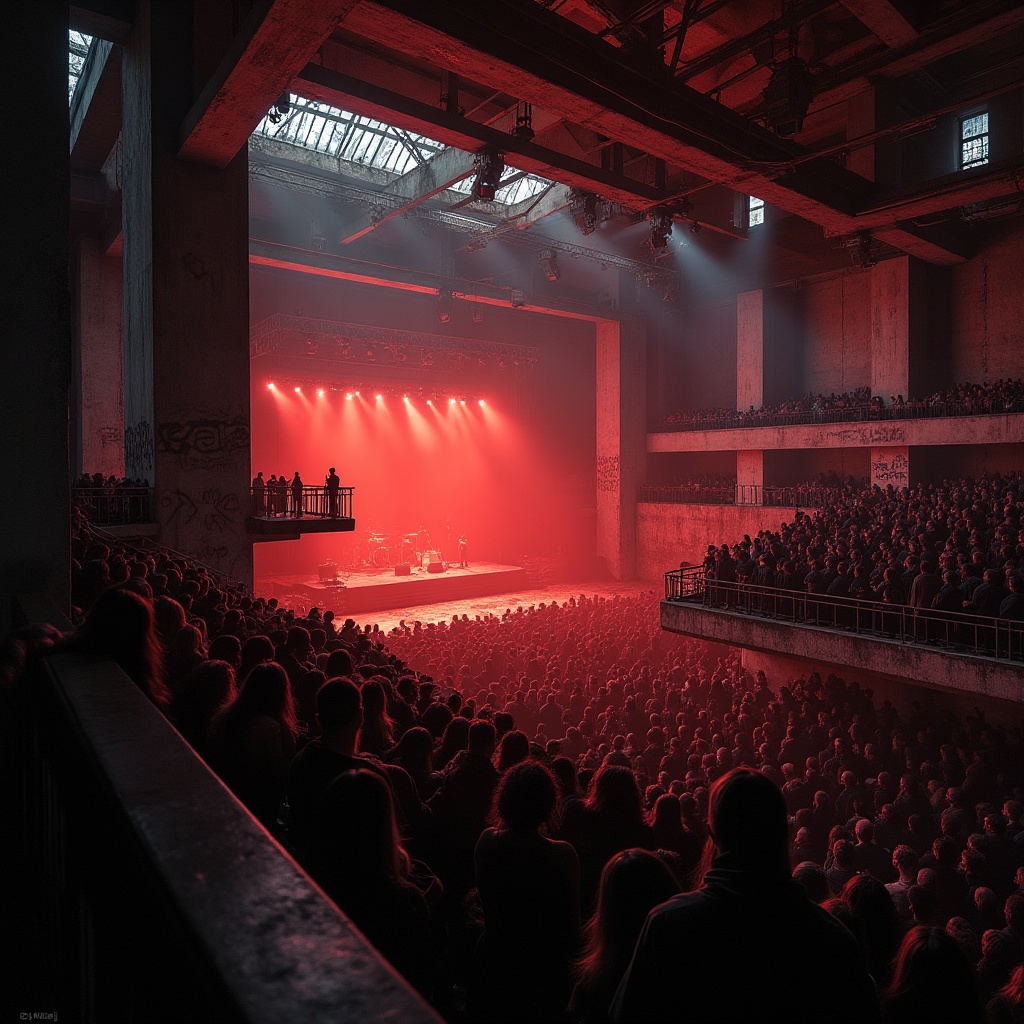 Prompt: Brutalist music venue, industrial atmosphere, concrete walls, steel beams, exposed pipes, dim red lighting, spotlights on stage, crowded audience, mosh pit, raised platform, stairs leading to upper levels, graffiti-covered walls, urban decay, abandoned factory, distressed textures, rugged stone floors, metal railings, minimalist seating, avant-garde architectural design, bold geometric shapes, asymmetrical composition, dramatic shadows, high-contrast lighting, intense atmosphere.