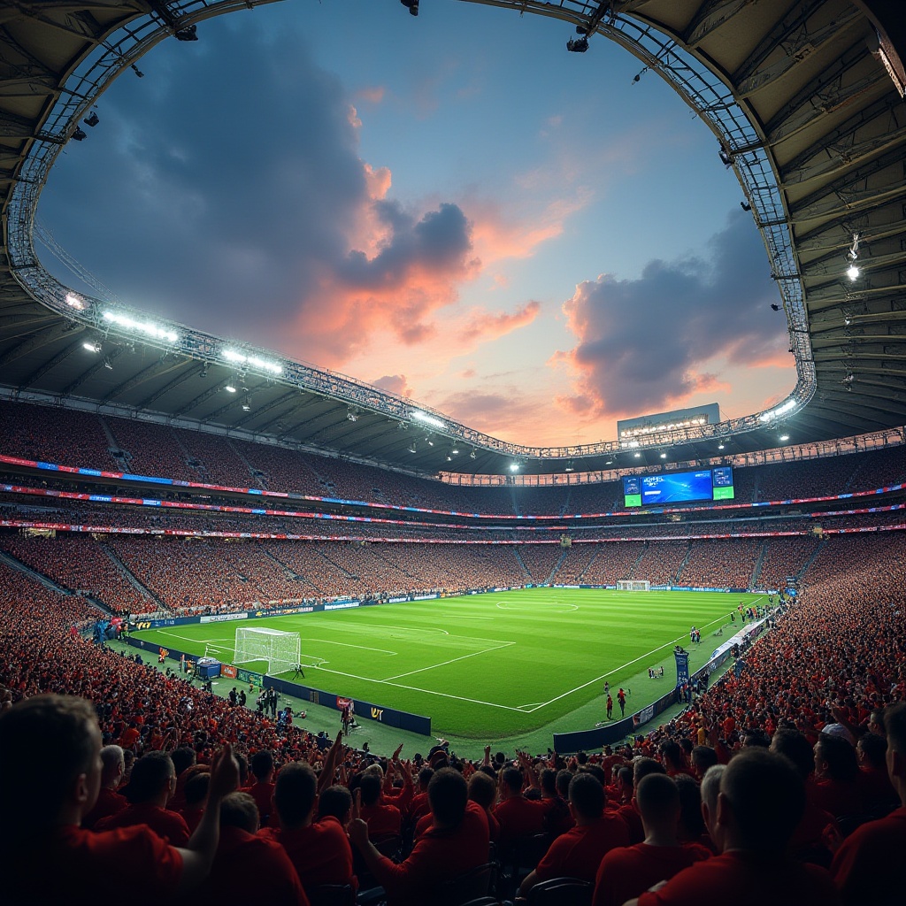 Prompt: Stadium, grandstand, arena, sports event, vibrant color scheme, bold stripes, dynamic curves, sleek metallic materials, glossy finish, floodlights, evening game atmosphere, excited crowd, cheering fans, players in action, green grass, goalposts, scoreboard, urban cityscape background, dramatic skies, warm sunset lighting, low-angle shot, cinematic composition.