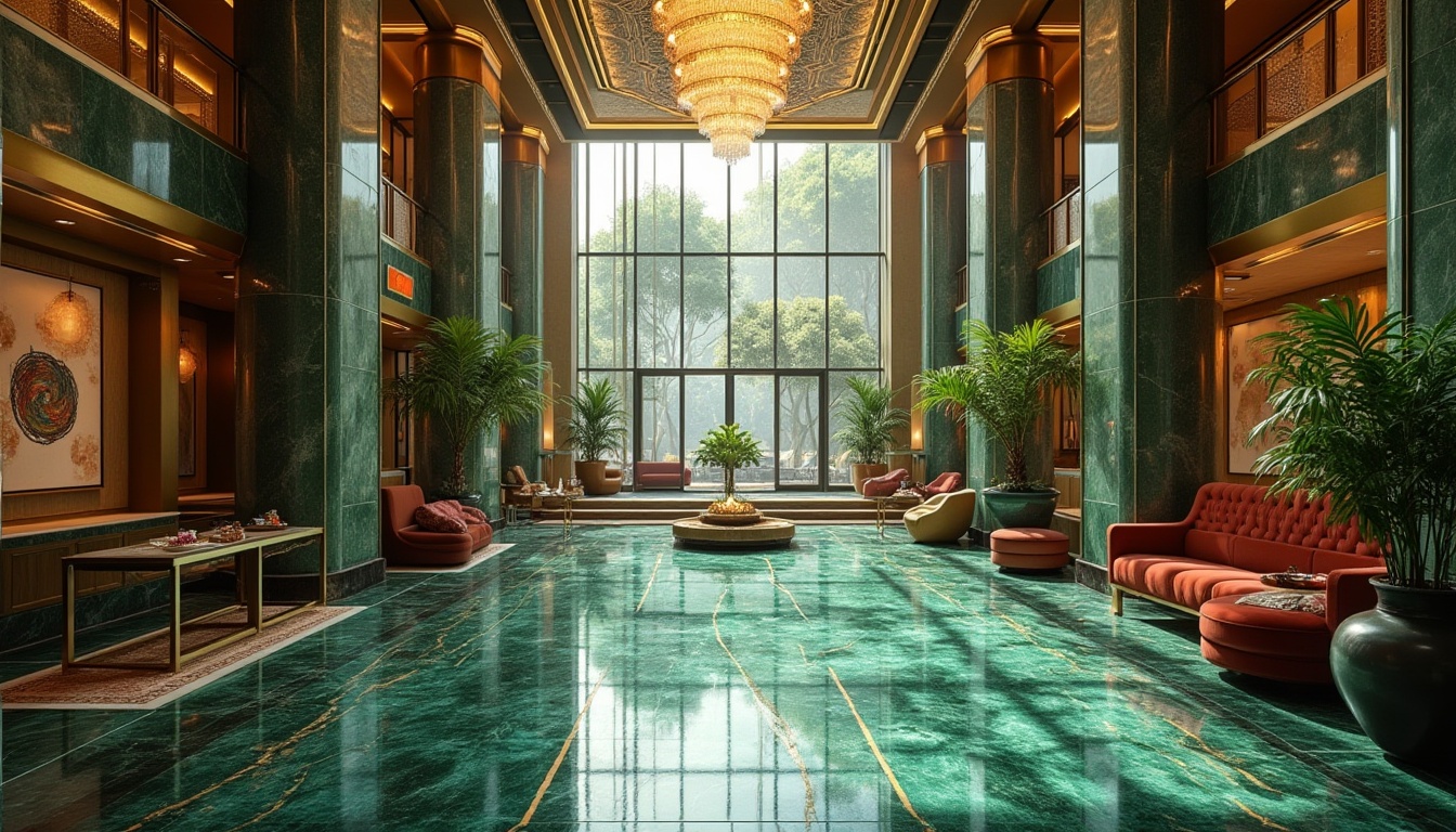 Prompt: Luxurious hotel lobby, eclectic design, marble floors, veins of emerald green, polished to high gloss, ornate columns, gold leaf accents, grand staircase, velvet couches, crystal chandeliers, abstract artwork, modern sculptures, lush greenery, natural light pouring in through floor-to-ceiling windows, warm ambiance, soft focus, cinematic composition.