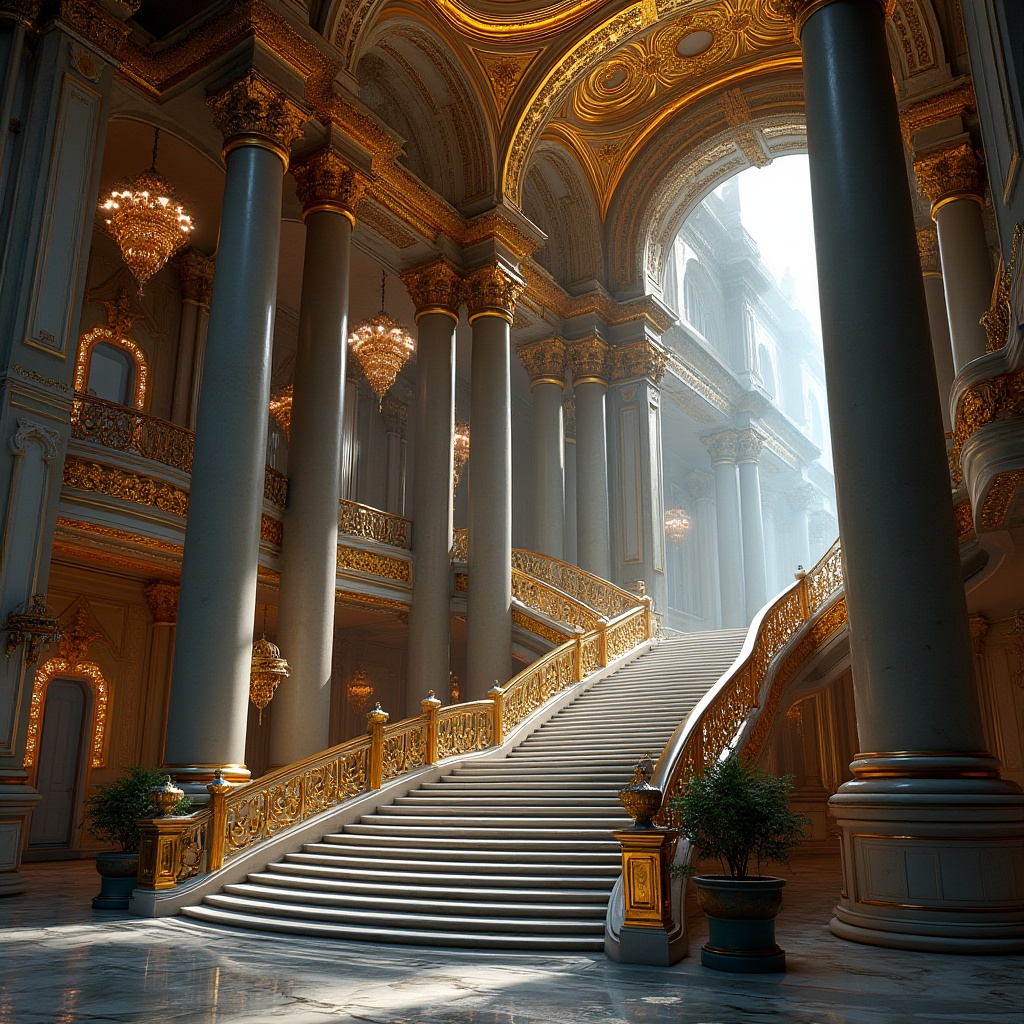 Prompt: Baroque palace, futuristic architecture, grand staircase, ornate golden decorations, intricate marble patterns, towering pillars, grandiose chandeliers, lavish furnishings, opulent textiles, majestic archways, vaulted ceilings, luxurious materials, metallic accents, neon lights, holographic projections, cyberpunk elements, sleek lines, minimalist silhouette, contrast of old and new, urban cityscape, nighttime, dramatic lighting, cinematic composition, low-angle shot.