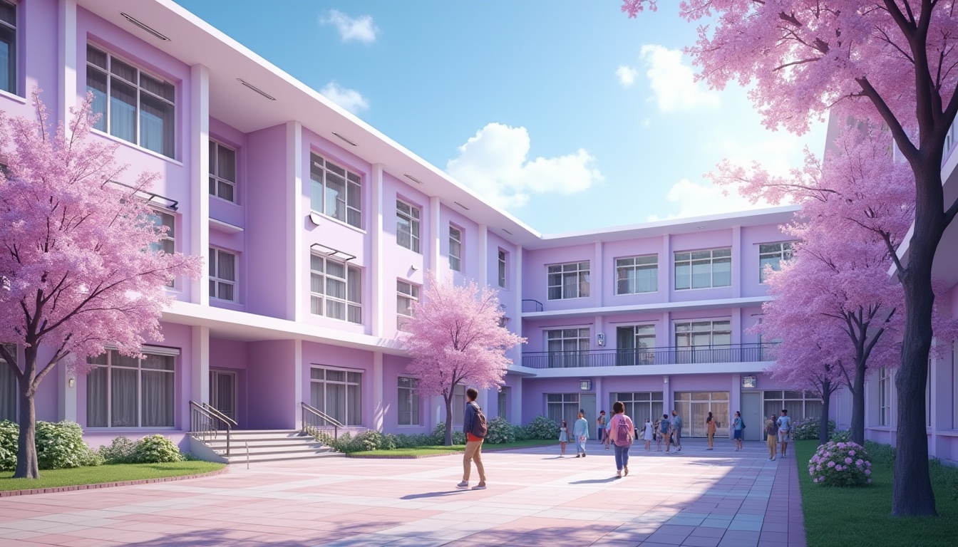 Prompt: Lilac-themed school building, modern architecture, vibrant lilac walls, white accents, large windows, natural light, courtyard with lilac trees, blooming flowers, greenery, students walking, backpacks, joyful atmosphere, warm sunny day, soft focus, shallow depth of field, 3/4 composition, symmetrical balance, pastel color palette, gentle shadows, inviting entrance, stairs leading to classrooms.