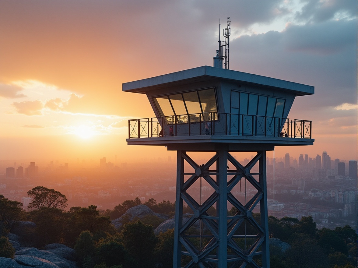 Prompt: Watching tower, steel-framed materials, modern architecture, sleek design, metallic luster, silver-gray tone, angular lines, geometric shapes, minimalist aesthetic, panoramic view, cityscape background, sunset lighting, warm glow, dramatic shadows, 3/4 composition, low-angle shot, atmospheric perspective.