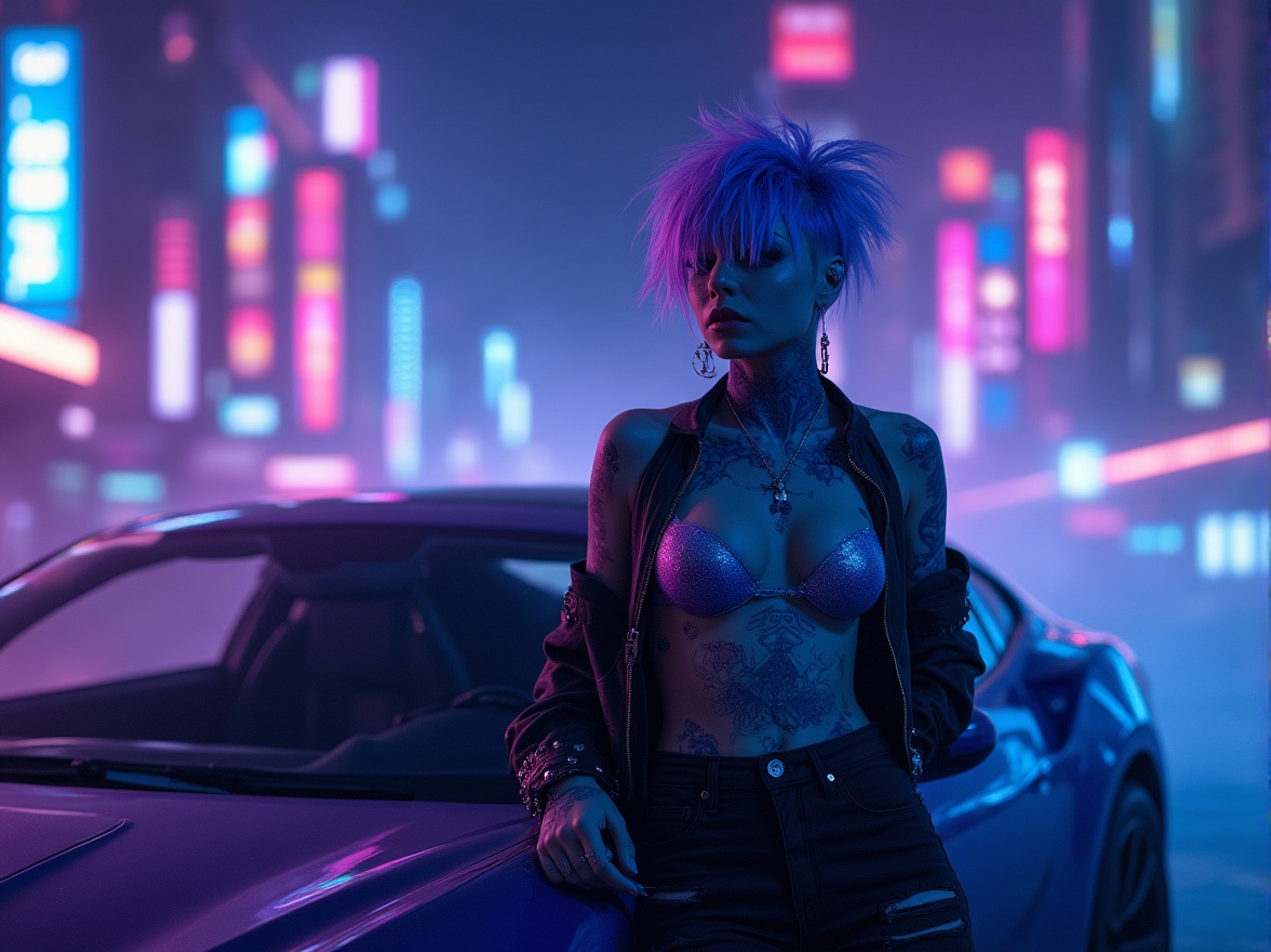 Prompt: Vibrant blue and violet hues, futuristic cityscape, neon lights reflecting off skyscrapers, a young woman with short, spiky hair dyed in gradient blue-violet ombre, bold eyeliner, glittering silver eyeshadow, full-body tattoo of galaxy patterns, revealing chest, high-waisted ripped jeans, studded leather jacket, confident pose, leaning against a sleek, metallic sports car, urban night scene, dramatic low-angle shot, cinematic lighting, misty atmosphere.