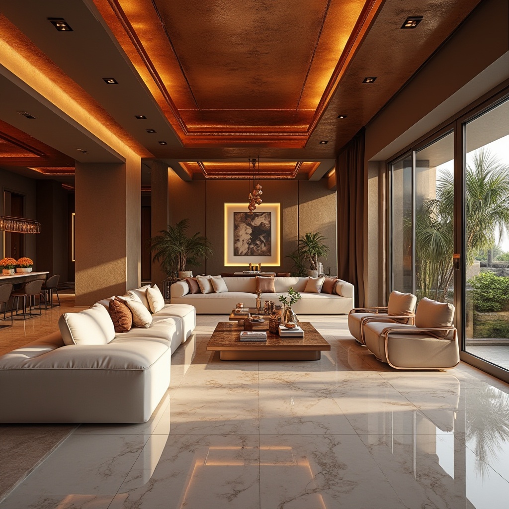 Prompt: Copper material, luxurious interior design, modern villa, spacious living room, copper accents, metallic sheen, reflective surface, warm ambient lighting, 3/4 composition, low-angle shot, beautiful detailed texture, industrial chic, contemporary style, sleek lines, minimalist decor, copper pipes, exposed ductwork, marble floor, elegant furniture, sophisticated atmosphere.