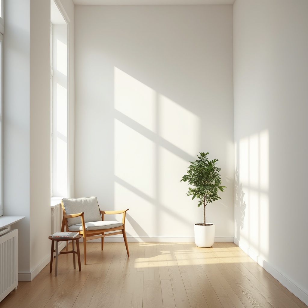 Prompt: Simple modern room, minimal decor, white walls, wooden floor, sparse furniture, single chair, low table, few books, one small potted plant, natural light pouring in through large windows, subtle shadows, clean lines, empty space, calm atmosphere, soft focus, shallow depth of field, Scandinavian design, morning light, gentle warmth, peaceful ambiance.