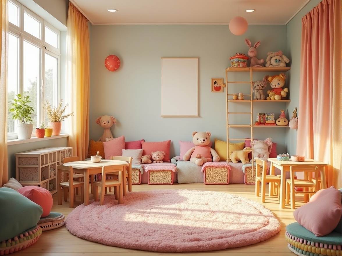 Prompt: Colorful kindergarten, vibrant fabrics, variety of textures, soft cushions, cozy reading nook, fluffy carpet, wooden tables, tiny chairs, playful educational toys, stuffed animals, gentle lighting, warm atmosphere, natural materials, woven baskets, fabric-covered walls, pastel colors, whimsical patterns, cotton cloth, velvet pillows, lace curtains, airy feel, minimal furniture, circular shapes.