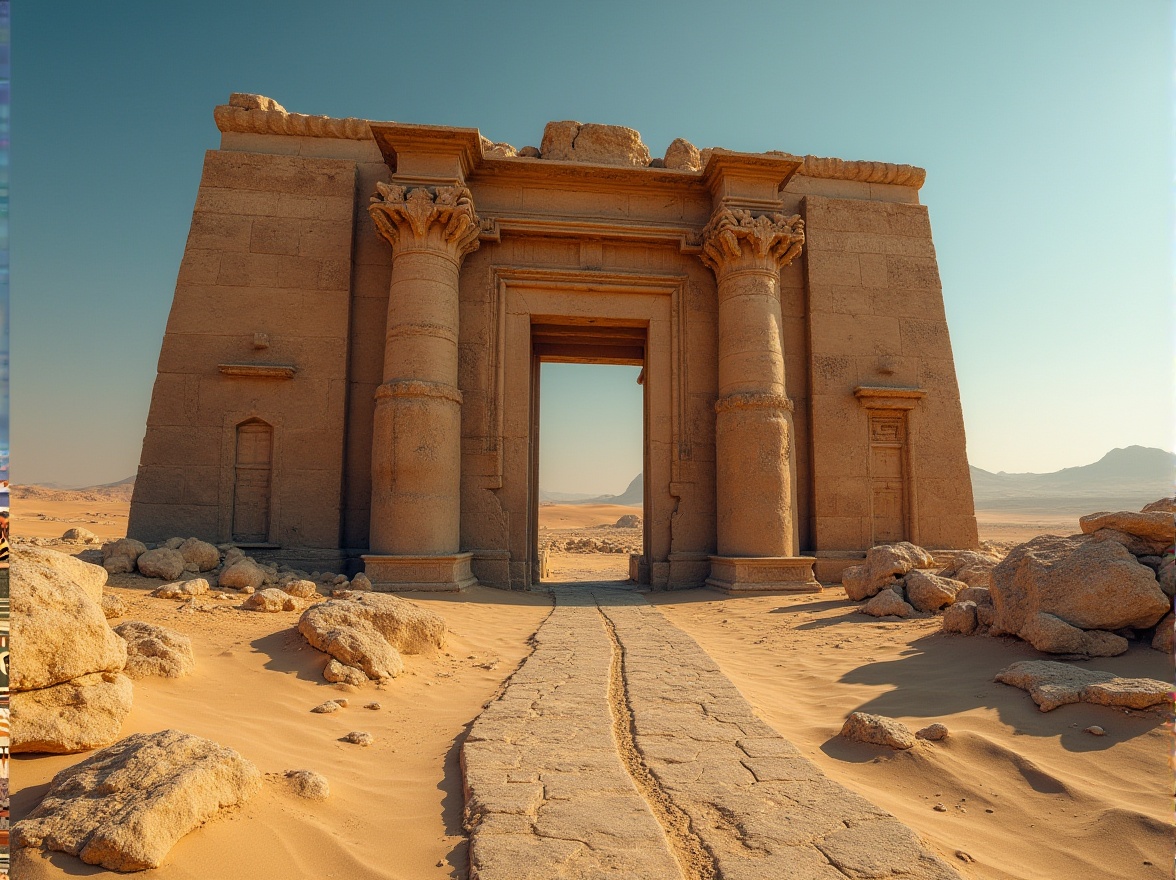 Prompt: Ancient monument, sandy dunes, massive stone structure, intricate carvings, weathered surfaces, desert landscape, endless blue sky, warm sunlight, golden hour, low-angle shot, dramatic shadows, rugged terrain, sandy path leading to entrance, monumental doors with rusty hinges, ornate details, ancient civilization, mysterious atmosphere, high contrast, cinematic composition.