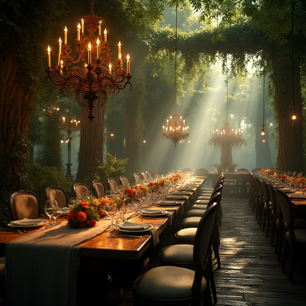 Prompt: Forest-inspired dining hall ambiance, grand chandelier with twinkling candles, wooden tables with ornate carvings, comfortable velvet chairs, moss-green walls adorned with vines, tall trees surrounding the hall, warm sunlight filtering through leafy canopies, soft golden lighting, rustic wooden floors, nature-inspired centerpieces, elegant place settings, lush greenery hanging from ceiling, misty atmosphere, peaceful ambiance, 3/4 composition, shallow depth of field.