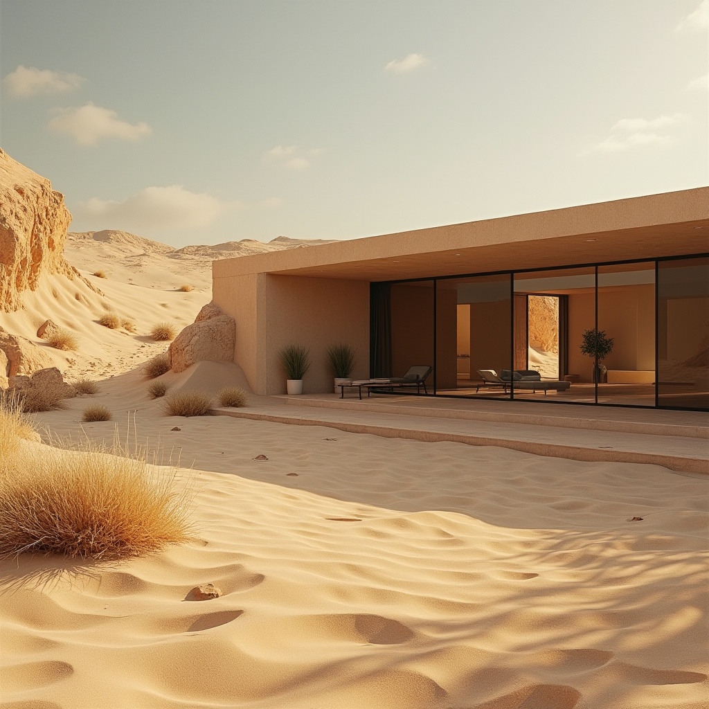 Prompt: Desert landscape, sandy dunes, architectural design, futuristic building, modern villa, luxurious interior, sandy texture, rough stone walls, glass windows, minimalist furniture, sleek lines, low-angle shot, warm sunlight, natural lighting, shallow depth of field, atmospheric perspective, ambient occlusion, cinematic composition.