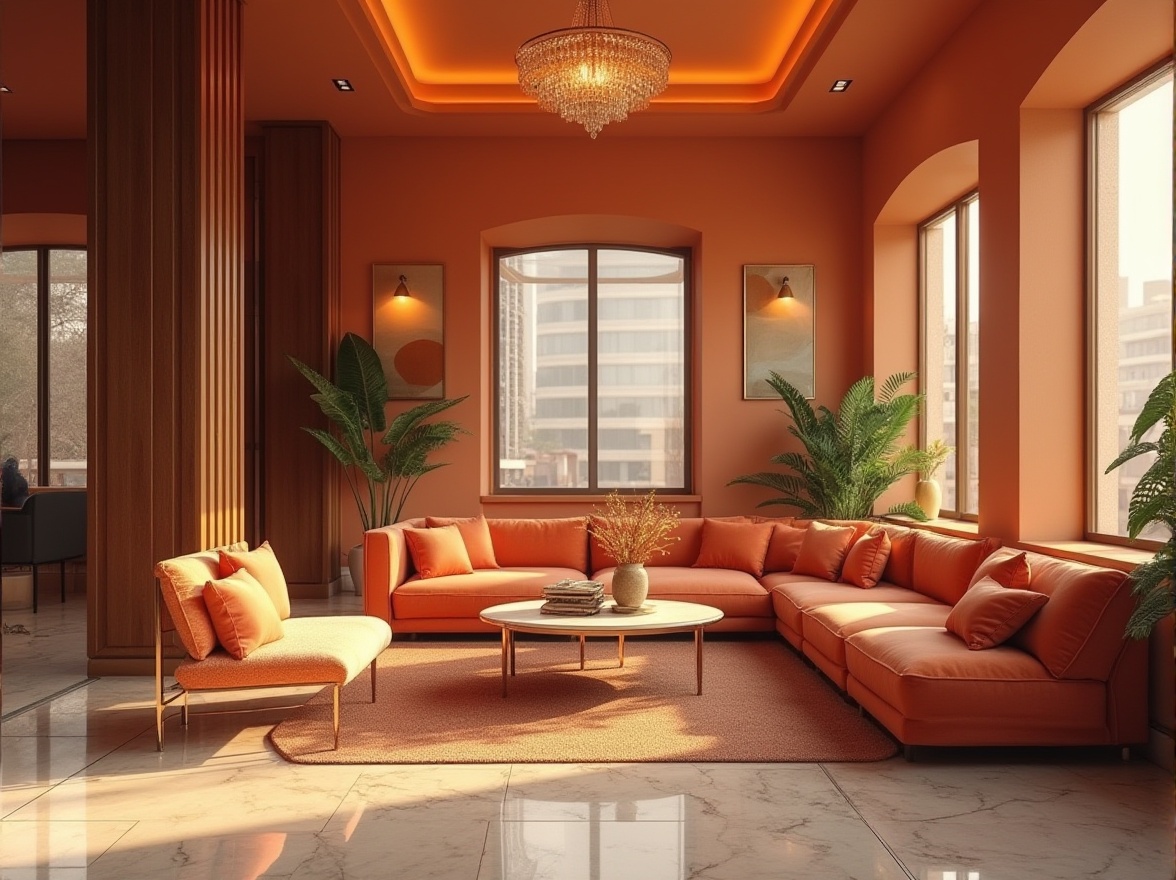 Prompt: Apricot color, hotel lobby, warm atmosphere, modern minimalist decor, sleek lines, luxurious furniture, velvet sofa, apricot-hued walls, natural light, floor-to-ceiling windows, city view, morning sunlight, gentle shadows, elegant chandelier, marble floor, abstract art pieces, greenery accents, vibrant apricot-colored pillows, cozy reading nook, intimate seating area, warm lighting, inviting ambiance.