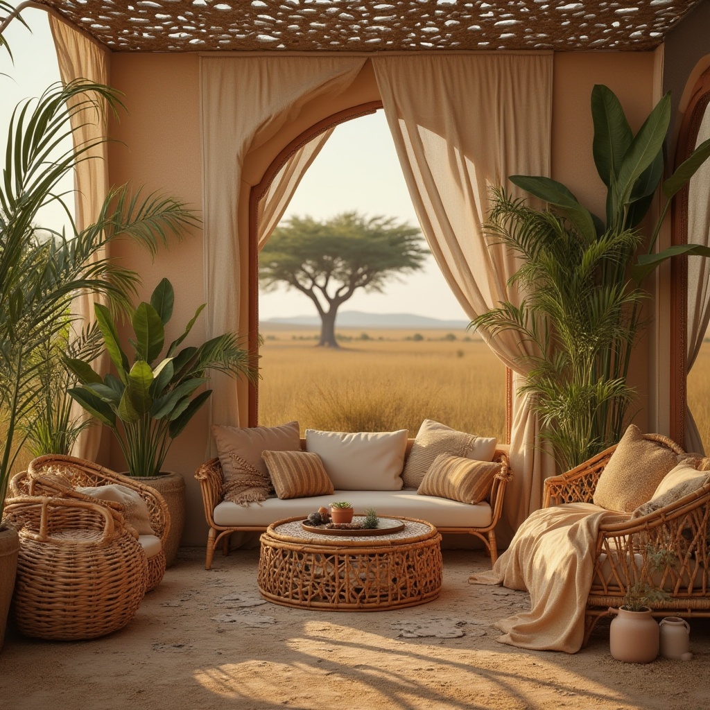 Prompt: African savannah-inspired design elements, warm earthy tones, natural textures, woven baskets, wooden carvings, tribal patterns, leopard prints, safari-style clothing, linen fabrics, rattan furniture, potted plants, palm trees, acacia trees, dry grasslands, golden hour lighting, soft focus, shallow depth of field, cinematic composition.