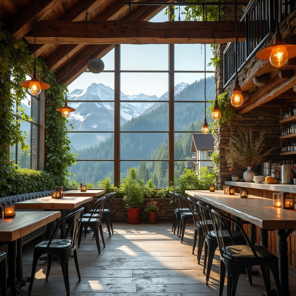 Prompt: Mountainous pub interior, eco-friendly design, reclaimed wooden tables, recycled metal chairs, living green walls, natural stone flooring, large windows, panoramic view of snow-capped mountains, minimal waste, energy-efficient lighting, solar panels on the roof, rustic-chic decor, potted plants, wooden beams, cozy fireplace, warm ambiance, daytime, soft natural light, shallow depth of field, 3/4 composition.