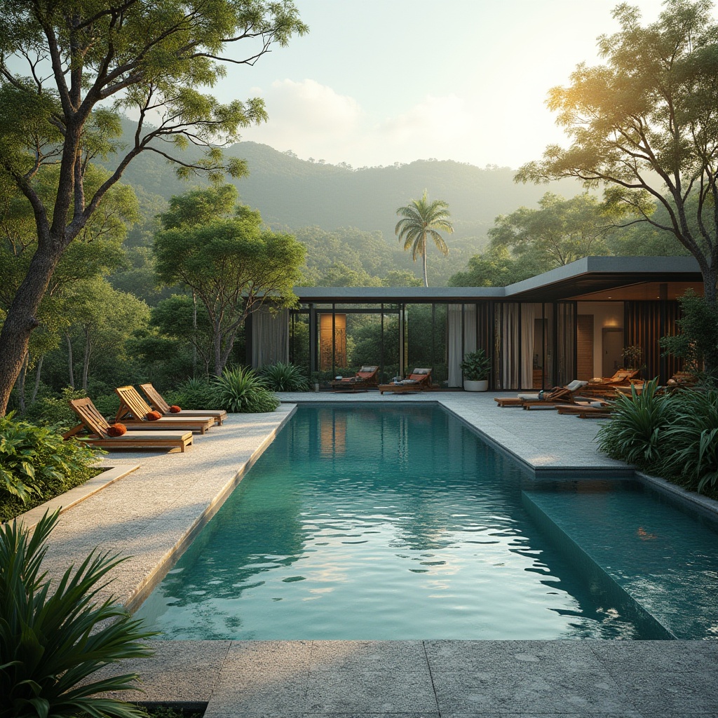 Prompt: Eco-friendly pool, natural surroundings, lush greenery, solar panels, rainwater harvesting system, saltwater chlorination, energy-efficient pumps, recycled glass tile, pebble tec decking, wooden lounge chairs, minimalist modern architecture, serene atmosphere, soft warm lighting, early morning or late afternoon sun casting a gentle glow.