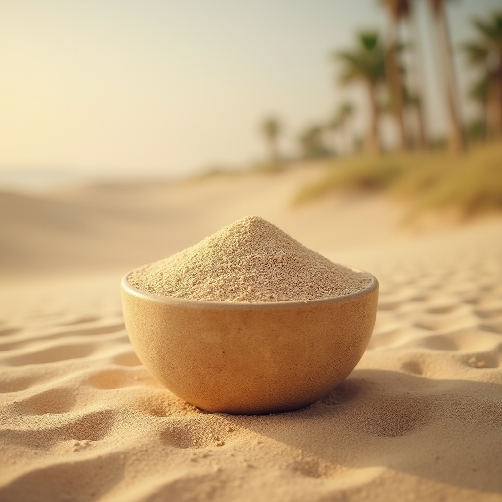 Prompt: Sand, material, natural texture, beige color, rough surface, decorative element, vase filler, desert landscape, beach scene, dunes, palm trees, warm lighting, soft focus, shallow depth of field, minimalist composition, rustic design style, earthy tone, simple still life, artistic arrangement.