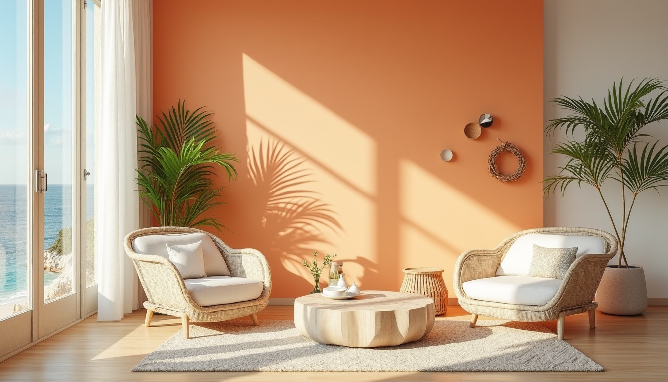 Prompt: Beach modernism, tangerine accent wall, complementing color schemes, soft peach, creamy whites, calming blues, natural wood tones, woven wicker furniture, palm fronds, beachy textures, driftwood decor, ocean breeze, sunlight streaming through windows, relaxed atmosphere, minimalist composition, 3/4 view, warm and inviting ambiance.