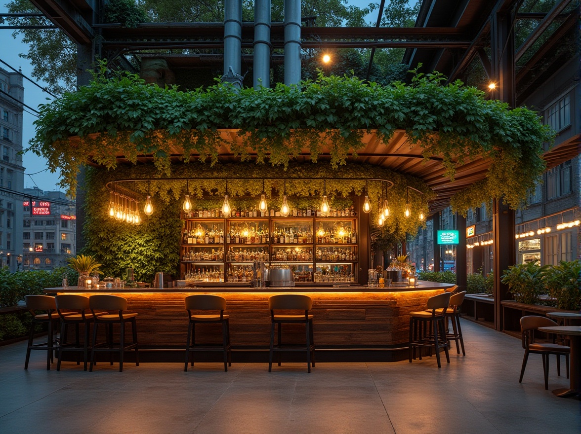 Prompt: Modern urban bar, green architecture, galvanized steel structure, industrial chic, reclaimed wood accents, lush green walls, vines crawling up steel beams, exposed ductwork, polished concrete floors, neon signs, bustling cityscape background, evening atmosphere, warm ambient lighting, shallow depth of field, 3/4 composition.