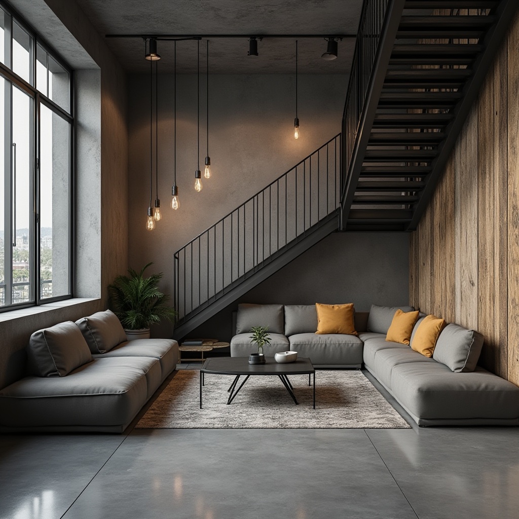 Prompt: Modern interior design, industrial chic, zinc material, metallic texture, silver-gray color, sleek lines, minimalist decor, urban loft, concrete floor, reclaimed wood accent wall, Edison bulbs, metal staircase, modern furniture, low-poly geometric shapes, reflective surfaces, ambient lighting, high contrast ratio, cinematic composition, 3/4 view.