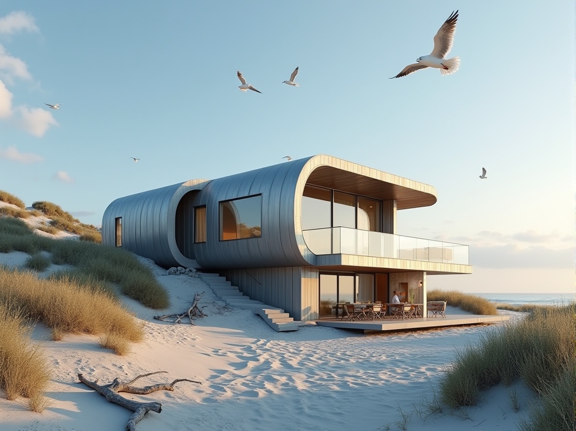 Prompt: Beachside modern villa, galvanized steel structure, minimalist exterior, silver-gray metal walls, large windows with ocean views, curved lines, futuristic feel, sandy dunes, beach grasses, driftwood, seagulls flying overhead, clear blue sky, soft white clouds, warm sunlight, 3/4 composition, low-angle shot, dramatic shadows, cinematic lighting.