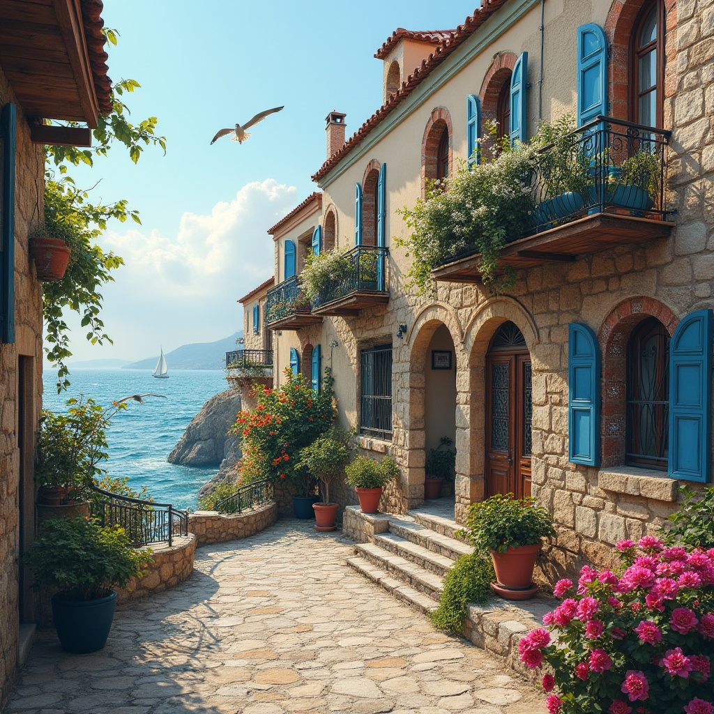 Prompt: Coastal Byzantine style house, Mediterranean Sea, Greece, Turkey, ornate stonework, arches, domes, intricate carvings, colorful ceramics, wooden balconies, ornate metalwork, patterned tiles, rustic stone walls, vibrant shutters, seaside village, narrow cobblestone streets, Bougainvillea flowers, turquoise water, sailboats, seagulls flying overhead, warm sunlight, soft focus, shallow depth of field, romantic atmosphere, nostalgic feeling.