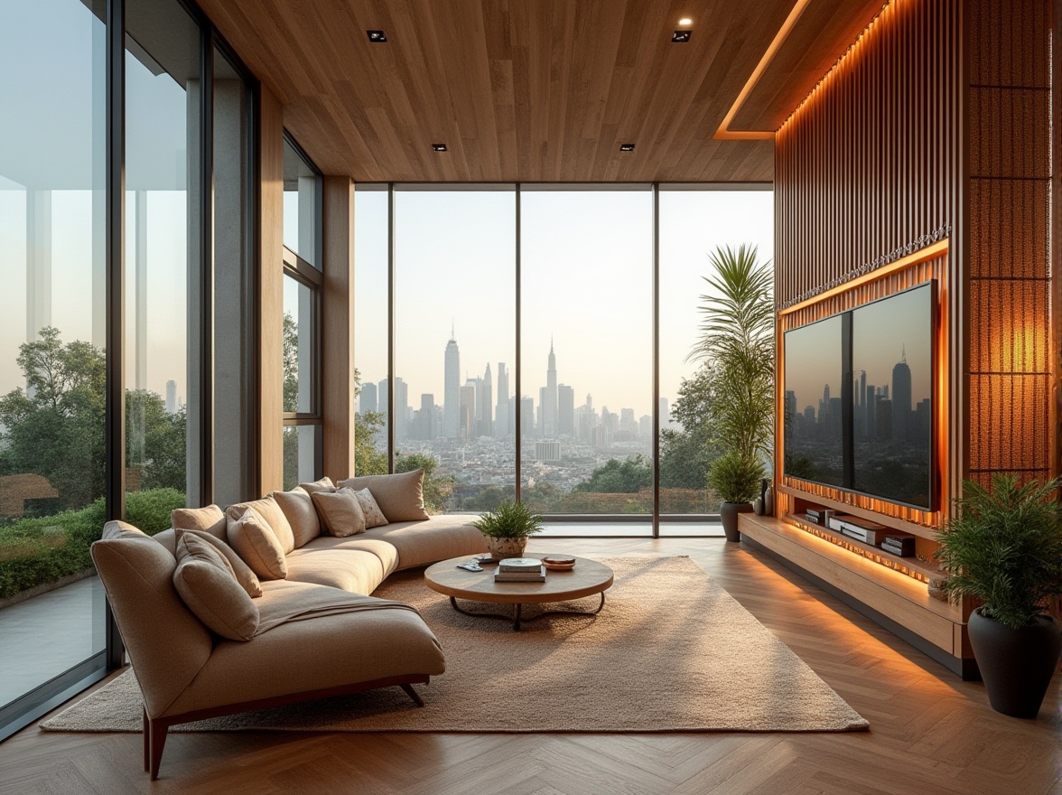 Prompt: Modern penthouse, luxurious interior, incorporating bamboo material, streamline design, wooden floor, minimalist decor, floor-to-ceiling windows, panoramic city view, sleek lines, geometric shapes, natural textures, warm ambient lighting, cozy atmosphere, elegant furnishings, bamboo accents, woven bamboo screens, organic curves, urban jungle, skyscraper backdrop, daytime, clear sky, soft focus.