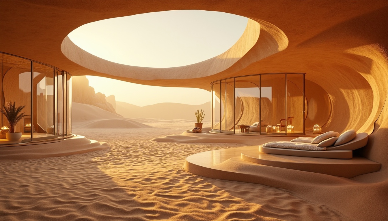 Prompt: Desert landscape, sandy dunes, warm golden light, detailed sand texture, intricate patterns, modern futuristic architecture, sleek curves, glass windows, steel framework, luxurious interior, minimalist decor, cozy ambiance, ambient lighting, shallow depth of field, 3/4 composition, low-angle shot, cinematic mood, soft focus, natural colors, tranquil atmosphere.