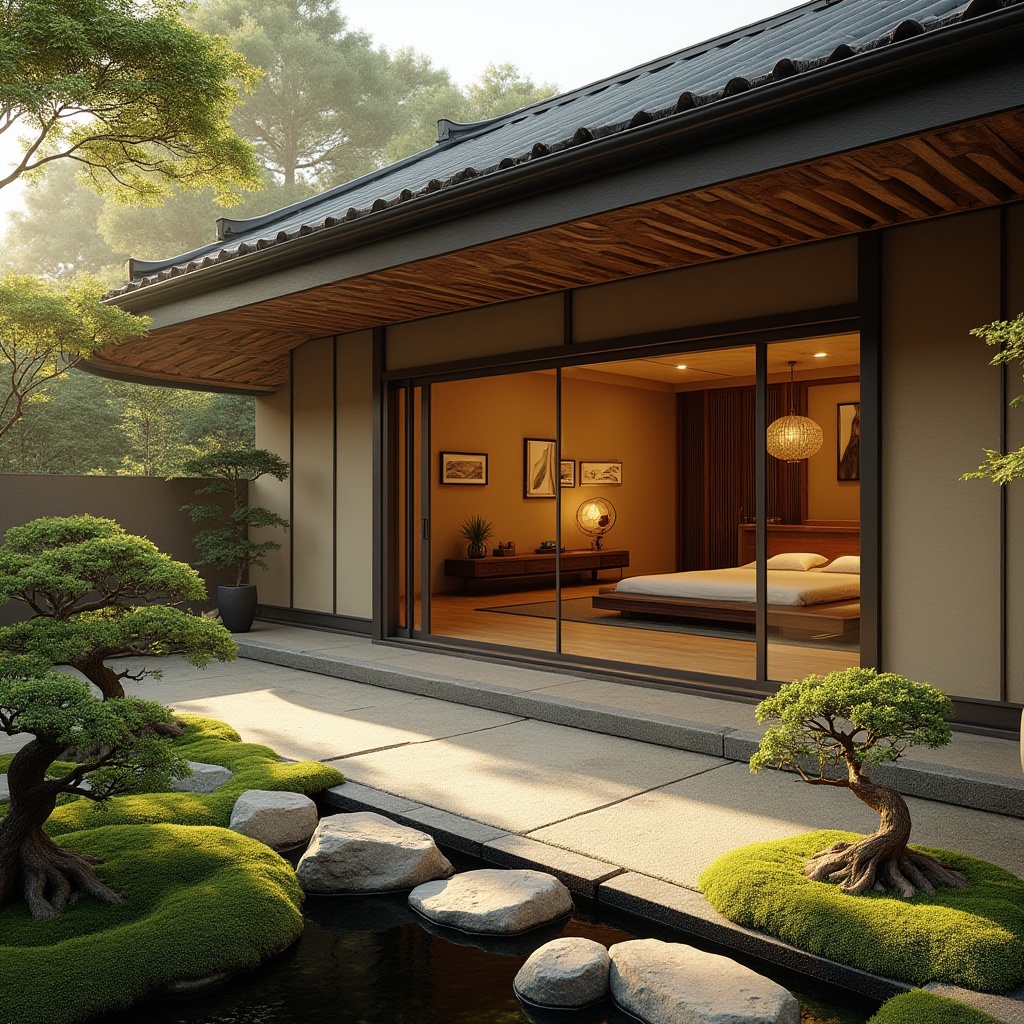 Prompt: Elegant, luxurious villa, fusion of modern and traditional Japanese architecture, sliding glass doors, tatami mats, shoji screens, ornate wooden beams, serene garden with bonsai trees, koi pond, stepping stones, vibrant green moss, natural light pouring in, warm beige stucco walls, sleek black roof tiles, minimalist decor, subtle lighting, 3/4 composition, soft focus, warm afternoon sun.